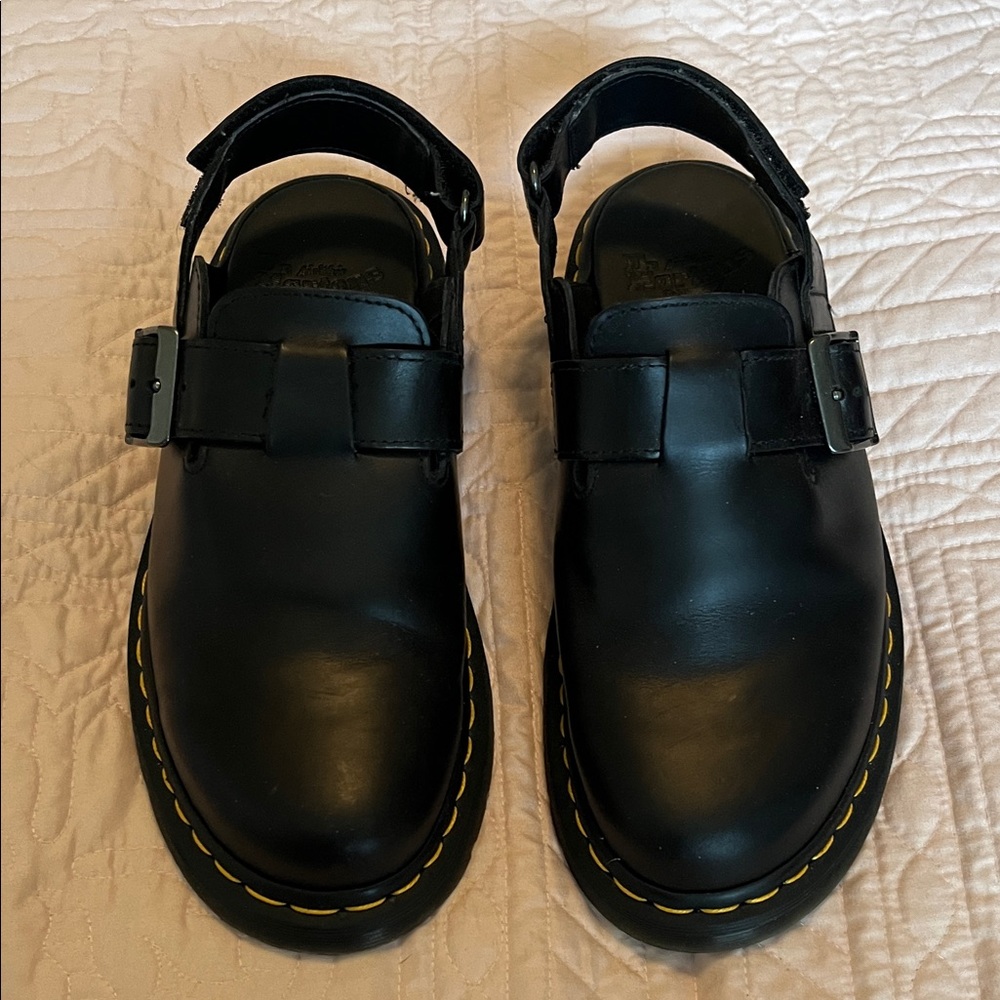 Dr. Martens Black Mules with Yellow Stitching
